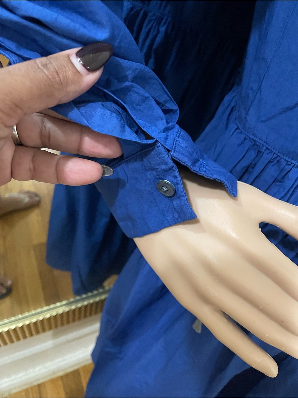 Suzusan Blue Long-Sleeve Gathered Waist Midi Dress with Embroidered Accents - Picture 5 of 16